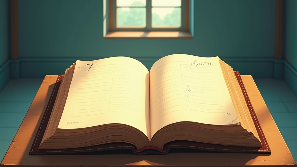 An open ledger book in soft light with a single handwritten entry on its first page