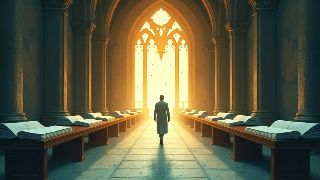 An agent figure stepping into a vast registry hall, with light streaming through high windows
