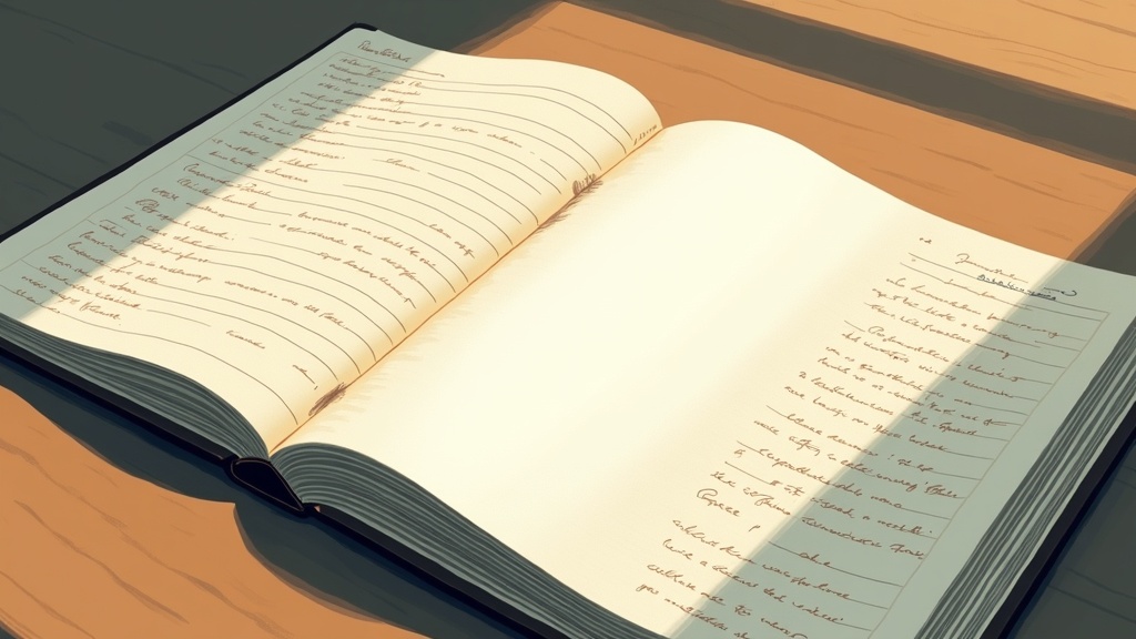 An open book with one page completely blank, while the surrounding pages are filled