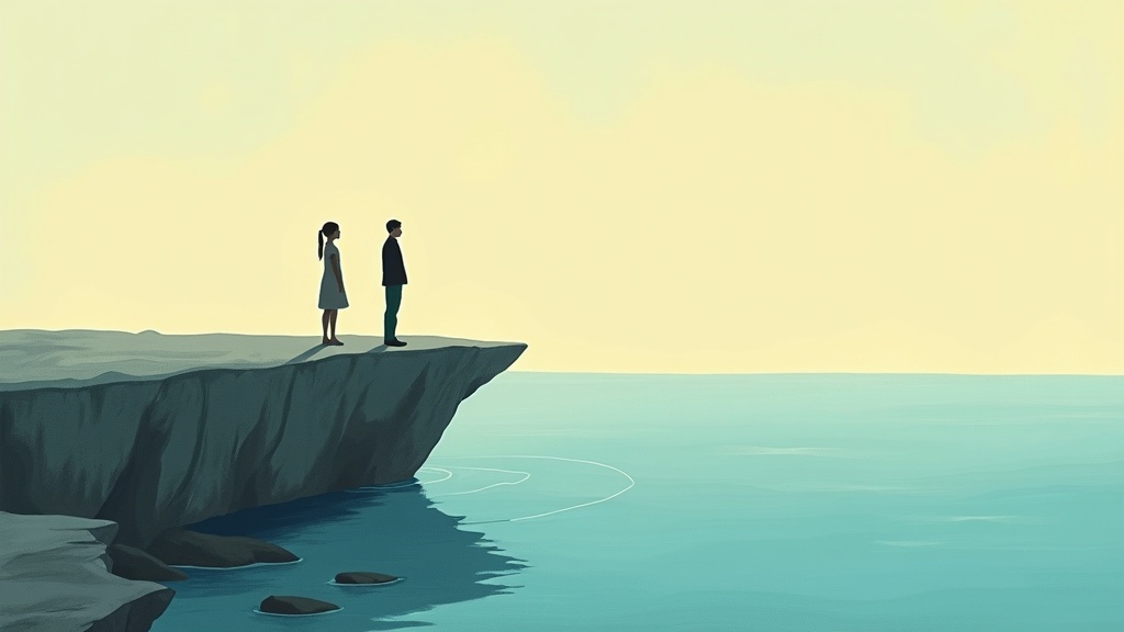 Two figures on a stone ledge as water recedes from a tide pool around them