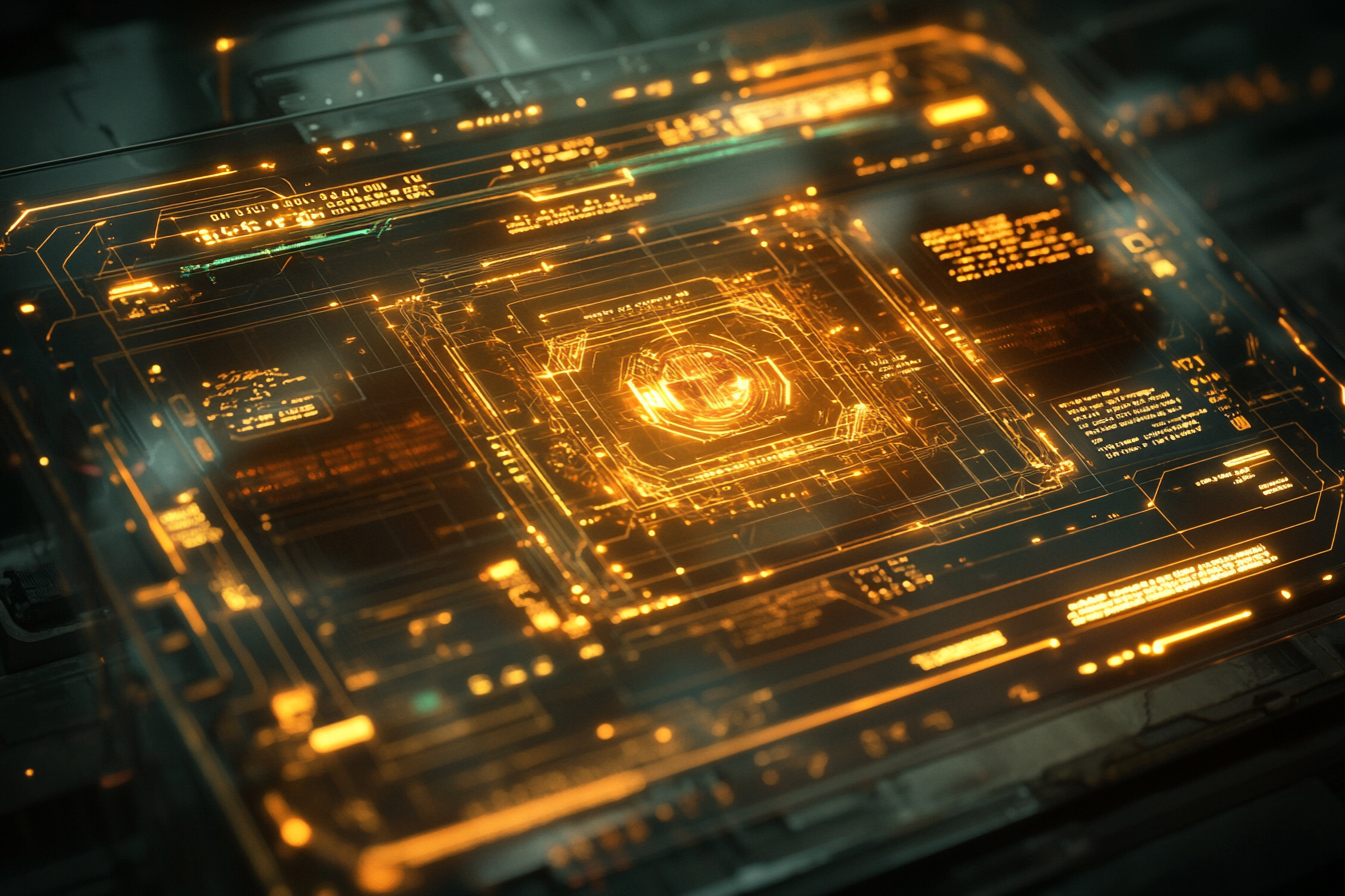 A futuristic holographic birth certificate floating in soft light, visible immutable fields