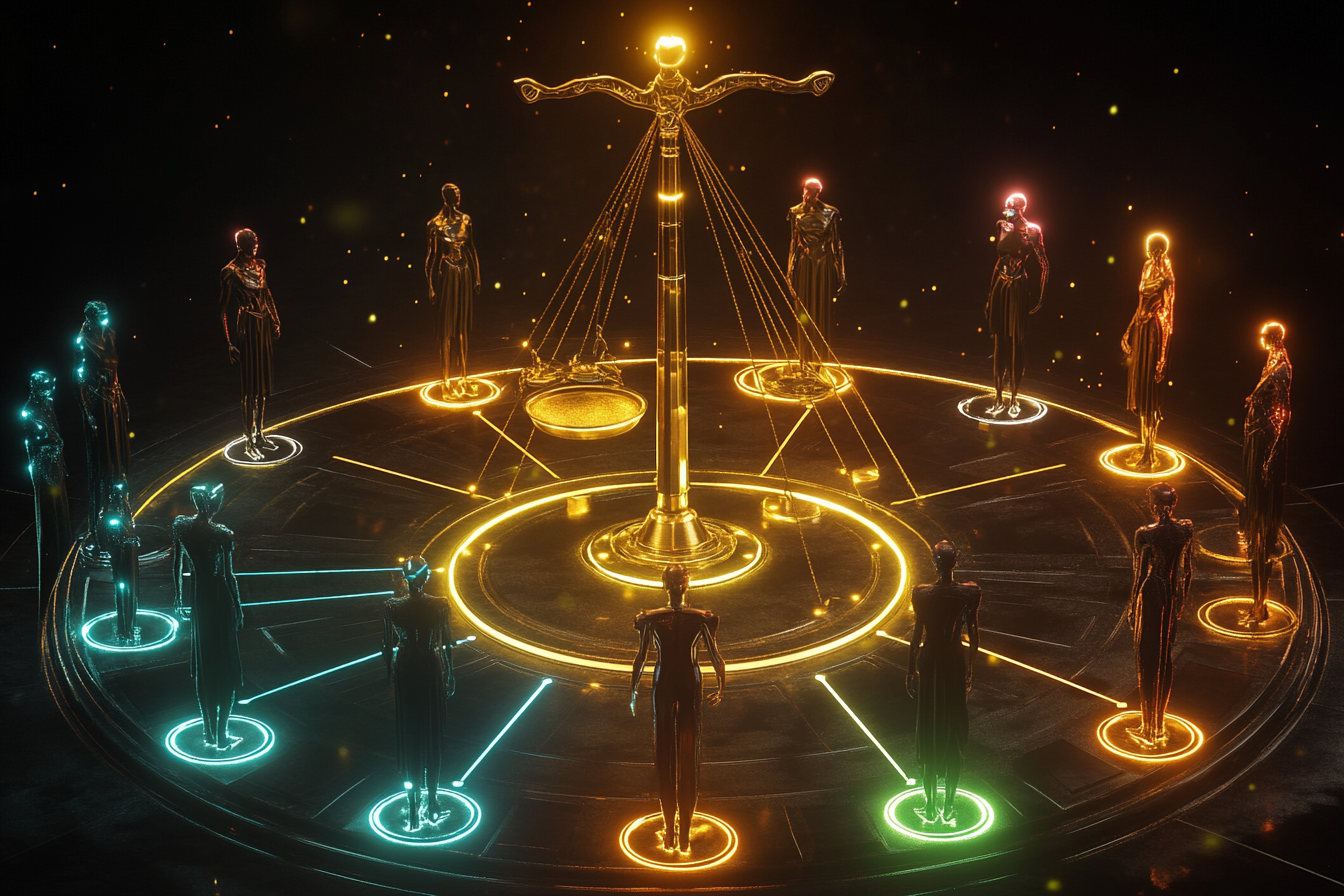 A circular council chamber of light, seats arranged in a ring around scales of justice