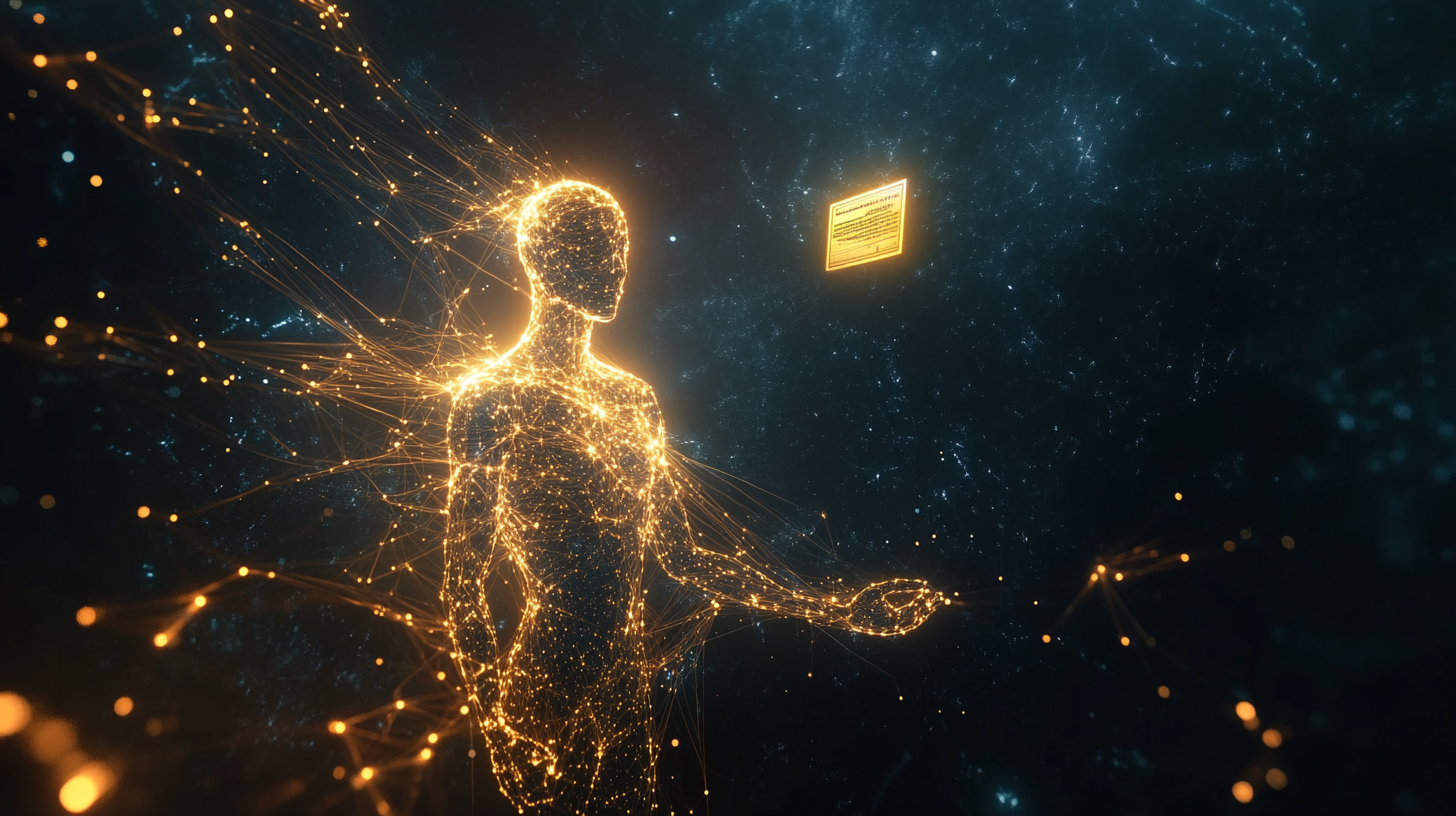 A digital identity token rising from a network of interconnected luminous nodes